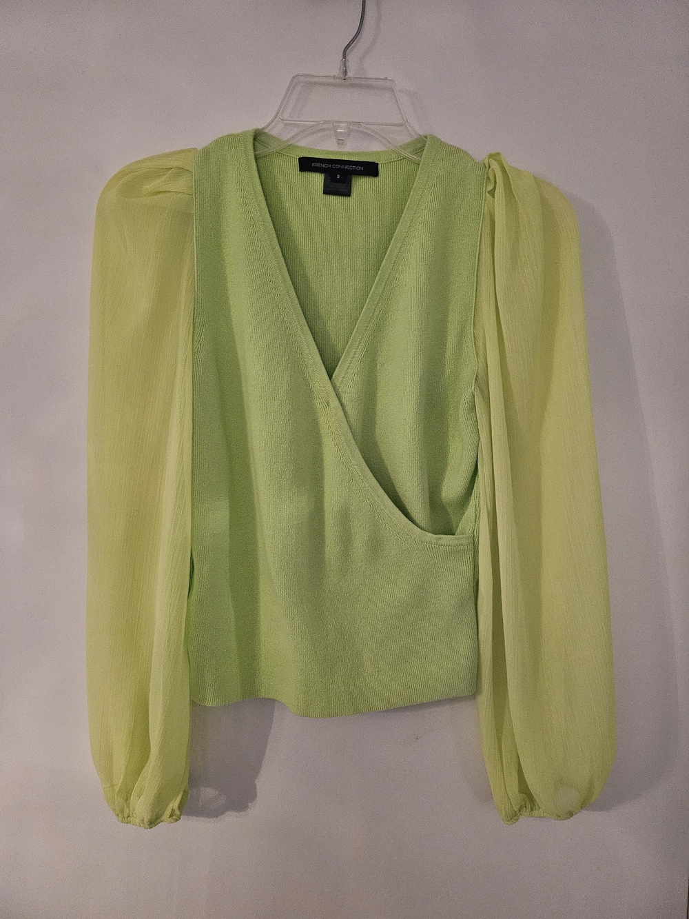 French Connection Lime Green Wrap Blouse with Sheer Puff Sleeves
